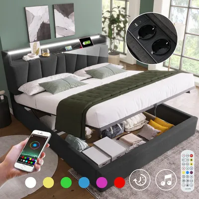 Immagine prodotto di Letto imbottito 140x200 cm con funzione di ricarica USB, testiera contenitore e illuminazione LED, letto matrimoniale con contenitore, struttura letto, rete a doghe in legno, colore grigio