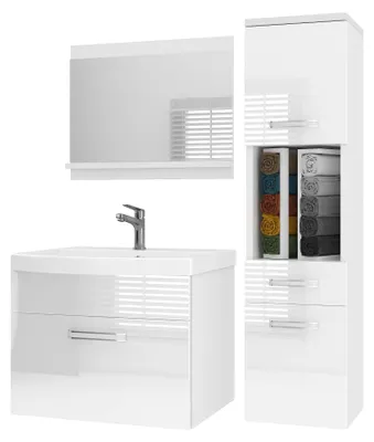 Immagine prodotto di Set di mobili da bagno BELINI PRI M3, 90 cm, bianco opaco - Mobile bagno moderno con lavabo e specchio, completo di tutti gli accessori, da montare a parete