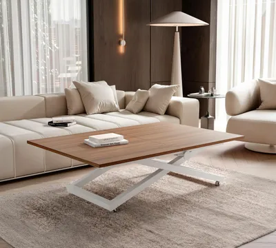 Image de Table basse extensible ARIA, avec réglage de hauteur, table pour salon, table multifonctionnelle – Blanc / Noyer Franklin