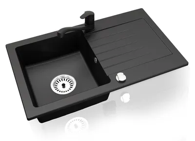 Produktbild von Faizee Home Granitspüle 75 x 44 cm Nachtschwarz – inklusive Armatur Smart in Schwarz – eckige Einbauspüle aus Granit – beidseitig montierbar, kratzfest, hitzebeständig – modernes Spülbecken