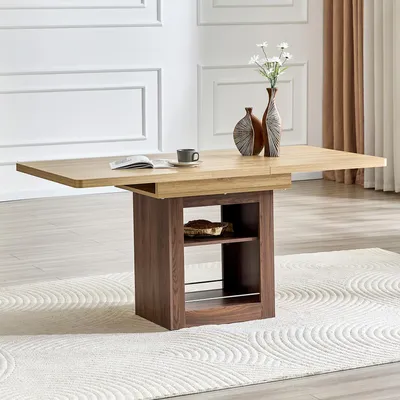 Image de Table à rallonges aspect noyer – Table de cuisine avec espace de rangement et compartiments – Table de salle à manger en MDFReproduction bois, 130-160 cm, pour 4 à 8 personnes – Peu encombrante