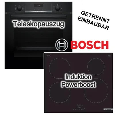 Produktbild von BOSCH Herdset Einbaubackofen 3D-Heißluft Plus Teleskopauszug Hydrolyse ecoClean +Induktionskochfeld PowerBoost