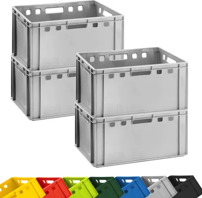 Four stacked grey plastic crates are shown from the front, with a row of colorful crates visible at the bottom.