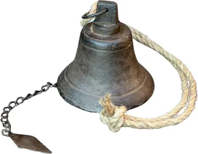 A single, antique-style bell with a rope and chain attached, isolated on a white background.