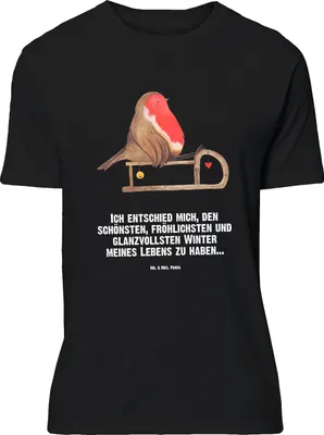 Produktbild von Mr. & Mrs. Panda Größe M T-Shirt Rotkehlchen Schlitten - Schwarz - Geschenk, Shirt, mit Spruch, Weihnachten, Vogel, Herren, Tshirt
