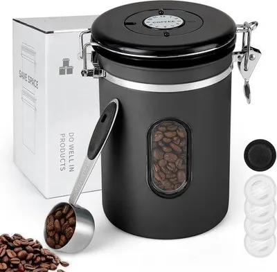 Immagine prodotto di Contenitore ermetico per caffè in acciaio inossidabile, contenitore per chicchi di caffè da 1800 ml, misurino da 30 ml, 4 valvole per CO₂ e 1 valvola di chiusura, contenitore da cucina per caffè, chicchi di caffè e tè (grigio)