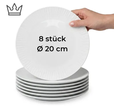 8er-Set Premium Porzellan Speiseteller Ø20 cm – Elegantes Rillendesign in edlem Weiß