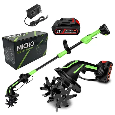 Produktbild von 2-in-1 Akku-Bodenfräse, 100mm, elektrische Gartenfräse Mit 2 Stangen, 235 U/min, batteriebetriebener Rototiller für Gartenarbeit, 2 Akku und Ladegerät
