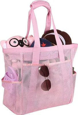 Produktbild von Unyqoos® Extra große faltbare Mesh-Strandtasche aus Nylon‑Netz, 56×38×19 cm, rosa, 7 Außenfächer, wasserdichte Innentasche mit Reißverschluss, Shopper für Familie & Reisen