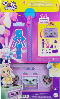A Polly Pocket toy set packaging with a disco theme, featuring a doll and accessories.