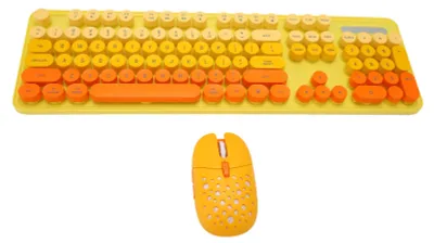 Image de Ensemble clavier et souris sans fil 2,4 GHz – Clavier rétro punk facile à utiliser et souris de jeu réglable sur 3 niveaux de DPI – Couleurs assorties : jaune