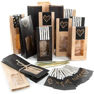 Produktbild von 20 Geschenktüten mit Fenster - schwarz + braun + Geschenkaufkleber