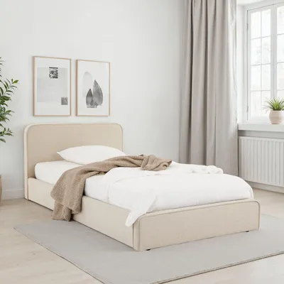 Produktbild von Polsterbett MARINI Einzelbett 90x200 cm in Beige - Bett gepolstert mit Lattenrost, modernes Design & stabiles Holzgestell mit Kunststofffüßen