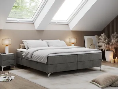 Obrázek produktu pro Boxspring bez čela LESS na vysokých nožičkách s úložným prostorem - 180x200 cm - Materace H3 | Šedá Samet - Topper T25