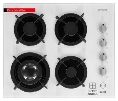 Gaskochfeld 4 Zonen, 7,8 kW, Wokzone, Gusseisen-Grill, weiß