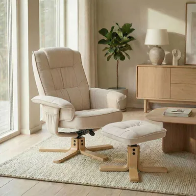 Produktbild von Relaxsessel CHARLY mit Hocker drehbar neigungsverstellbar beige  [Max. Belastbarkeit 100 kg] für Wohnzimmer, TV-Sessel Fernsehsessel mit Liegefunktion Polstersessel und Hocker