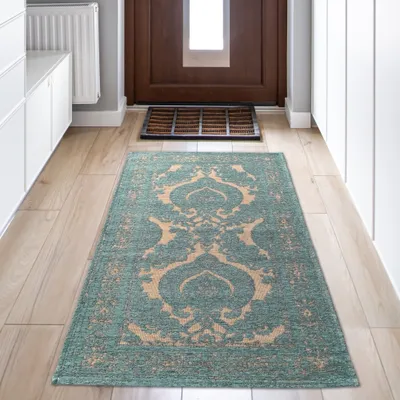 Produktbild von Marokkanischer Teppich mit Ornamenten in petrol - gold Größe - 80 x 150 cm