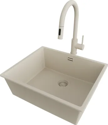 Produktbild von PRIMAGRAN Unterbauspüle Granit Beige 56x47cm, Spülbecken 1 Becken + Küchenarmatur 40x20cm + Ablauf-Set, Granitspüle ab 60er Unterschrank - London