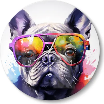 Produktbild von DEQOART Glasuhr Ø50 cm Zahlen 'Hipster Bulldogge' Wanduhr Glas Uhr Design leise Küchenuhr