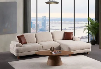 Produktbild von Hanah Home, Ecksofa-Bett in Creme, 315 x 100-165 x 75 cm | 100% Polyester, 28 DNS Schaum, mit Stauraum und verstellbaren Armlehnen | Modernes Design für Ihr Zuhause.