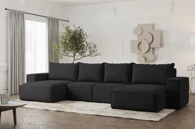 Produktbild von Wohnlandschaft U-Form Sofa ESTELLE mit Schlaffunktion Stoff Opera Velvet Schwarz