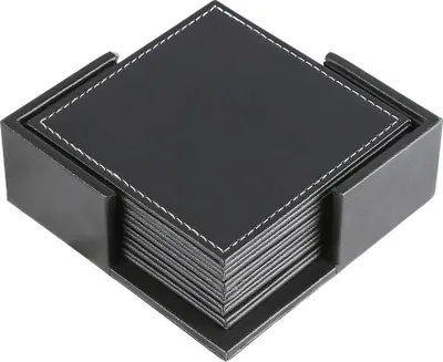 Produktbild von Zuhause & Büro Leder Untersetzer mit Halter, 6-er Set Geschäftsuntersetzer für Tee und Kaffee Cup (Schwarz)