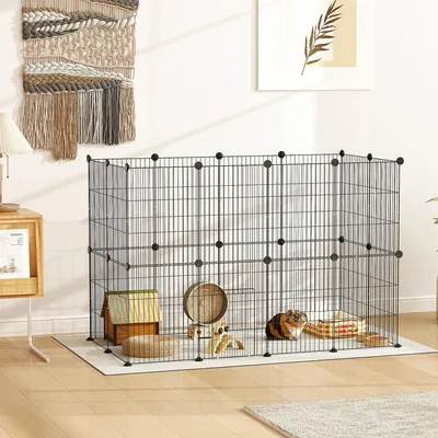 Produktbild von Kleintierkäfig modular, Freigehege Meerschweinchen Kaninchen, Nagerkäfig Stahl, Schwarz | 120x60x80 cm | 24 Paneele, 0,72 m² | 1,5 cm Gitterabstand