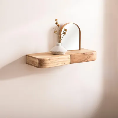 Zdjęcie produktu dla WOHNLING Półka ścienna z litego drewna akacjowego 60 cm z szufladami – designerska półka ścienna – drewniana półka ścienna z miejscem do przechowywania – wisząca półka z prawdziwego drewna