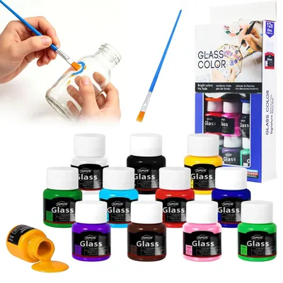 Immagine prodotto di Set di vernici per vetro con 12 colori e pennello, contenimento da 25 ml