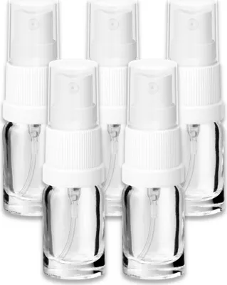 Produktbild von 5x Glasflasche klar 20 ml mit weißem Zerstäuber Apothekerflaschen leer