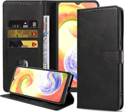 Image de Etui pour téléphone Samsung Galaxy A04 Faux cuir avec lèvre magnétique et porte-cartes Etui à rabat - Noir - Smartphonics