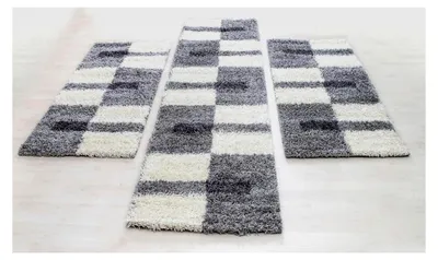Produktbild von Carpettex Bettumrandung 3-teilig Shaggy Teppich Hochflor Kariert Design Hellgrau