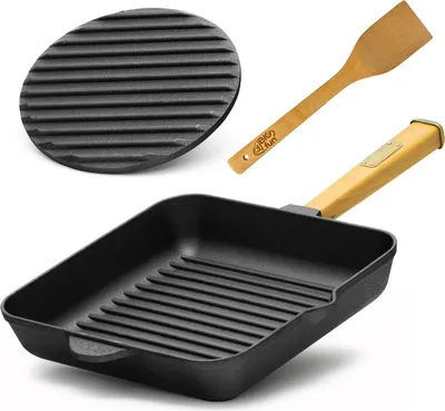 Produktbild von 28cm Gusseisen Grillpfanne Holzgriff Pressdeckel Bratpfanne Pfanne Feuerpfanne Pfannenwender Induktion