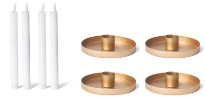 Produktbild von Novaliv 4er-Set Stabkerzenhalter Durchmesser 14cm Dekoschale GOLD rund Metall mit Premium Echtwachskerze Stabkerze LED Dochtkerze Flackereffekt Kerzenhalter Adventskranz candle holder Kerzenpick