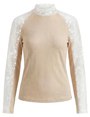 Produktbild von Damen Bluse beige Größe M mit Stehkragen, Patchwork-Details und Spitzeneinsätzen