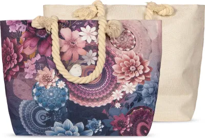 Produktbild von JACK by Descanso Strandtasche 55x40x15cm Bunte Motive Tasche Umhängetasche mit Reißverschluss aus Baumwolle, Farbe:Lila