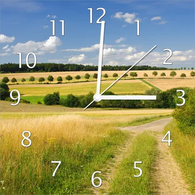Produktbild von Wallario Design Wanduhr Feldlandschaft unter blauem Himmel aus Echtglas, Größe 30 x 30 cm
