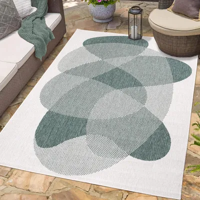 Produktbild von Teppich Outdoor Wetterfest - Grün, Creme - Wendeteppich - 120x170 cm - Abstraktes Geo-Muster