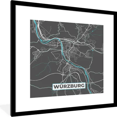 Produktbild von MuchoWow® Gerahmtes Poster Blau - Deutschland - Karte - Stadtplan - Würzburg 40x40 cm - Poster mit Schwarzem Bilderrahmen Wandposter Rahmen Foto Bilder - Poster - Plakat im Rahmen