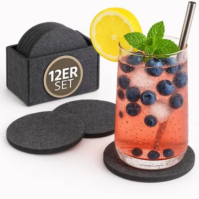 Produktbild von Filz Untersetzer rund – 12er Set in Dunkelgrau | Glasuntersetzer für Gläser, Tassen, Getränke & Bar | Rutschfest & dekorativ | Tischuntersetzer Filz