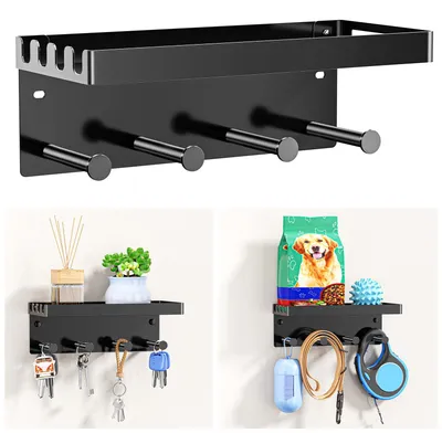 Produktbild von Schlüsselbrett mit Ablage, wandmontierter Schlüsselhalter, schwarze Schlüsselablage, Hundeleinenhalter aus Metall für Flur, Eingangsbereich, selbstklebend oder zum Anbohren.