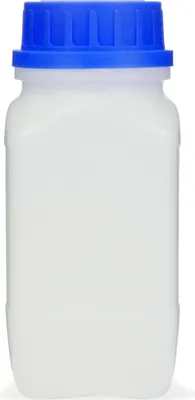 Produktbild von 500 ml Weithals-Flasche mit blauem Deckel, naturfarben, vierkant, G 54