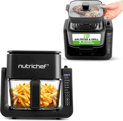 A collage of two NutriChef air fryer and grill appliances, one showing french fries and the other showing a steak being grilled.