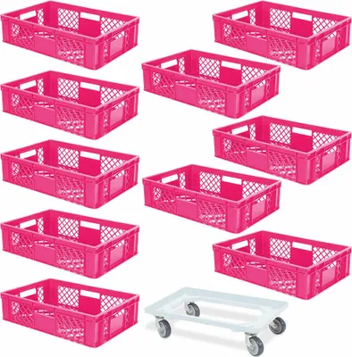 A collection of pink plastic crates and a white transport roller on a white background.