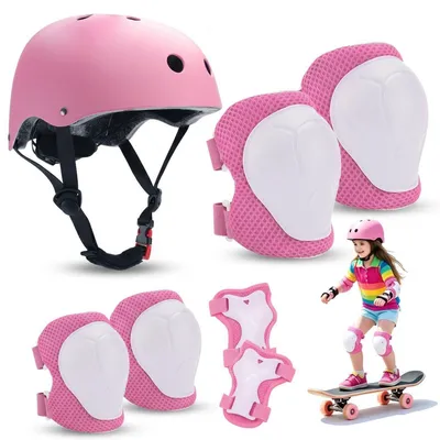Produktbild von Schonerset Kinder 7-teilig mit Helm, Knieschoner, Ellenbogenschoner, Handgelenkschoner, Rosa, 3-12 Jahre