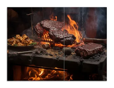 Produktbild von Wallario Herdabdeckplatte aus Glas, Größe 70 x 52 cm 2-teilig, Motiv Urige Grillkunst: Steakschmiede