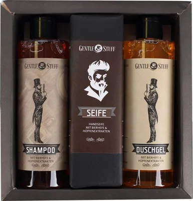 Produktbild von Geschenkset für Männer im Gentleman Design - Duschgel, Shampoo und Seife mit Bierhefe- und Hopfenextrakten - 2x 250 ml, 1x 145 g