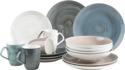 Produktbild von Mäser 931526 Derby Premium Geschirr-Set für 4 Personen in Gastronomie-Qualität, modernes Kombi-Service mit runden Tellern in bunten Pastellfarben, Durable Porzellan, bunt, 16-teilig (1 Set)