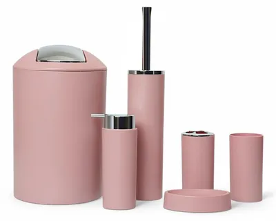 Produktbild von 6tlg Badset Badezimmer Zubehör Set Organizer: (Rosa Design 2a) Seifenspender, Zahnputzbecher, Kosmetikeimer, WC Bürste, Seifenschale, Mülleimer