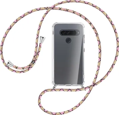 Produktbild von Handykette Backcover-Schutzhülle mit Band (Metall silberfarben) für LG G8S ThinQ - rosa Karo